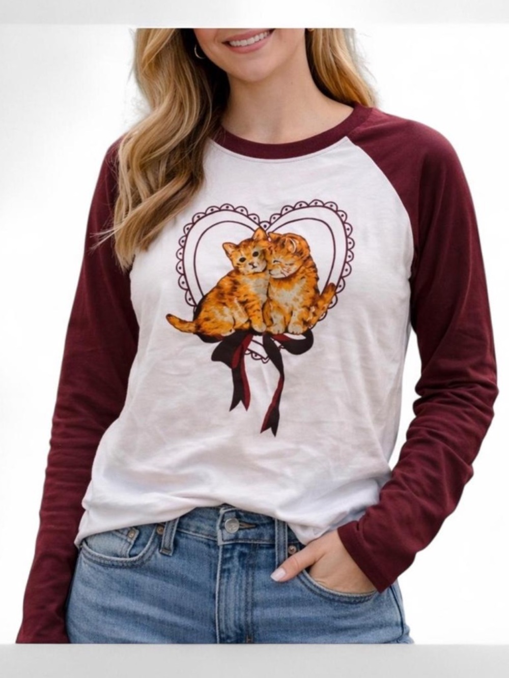 White & Maroon Long Sleeve Tee with Orange Cat Graphic